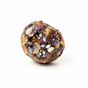 Palmsized coprolite stone with mineral inclusions on white background, fossilized dung specimen, unique geology and paleontology artifact