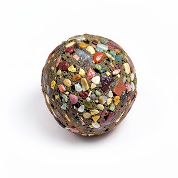Palmsized coprolite stone with colorful mineral inclusions on white background, fossilized dung specimen, prehistoric geology, unique natural texture
