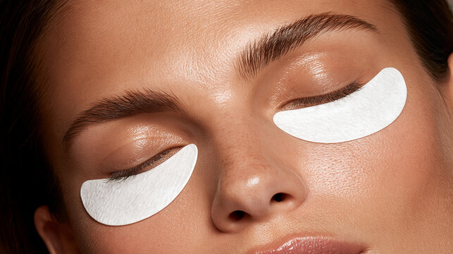 Young woman with under eye patches on face during skincare routine  