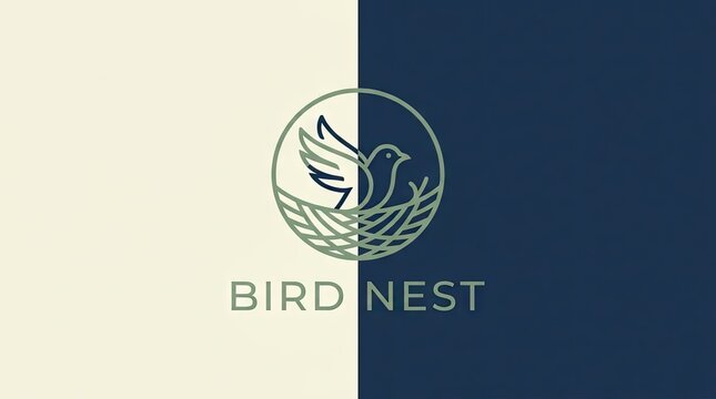 Minimalist bird nest logo icon with olive branch.
