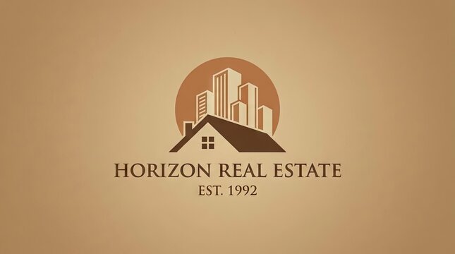 Real estate logo with building skyline and house roof.