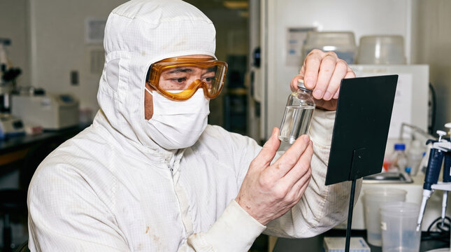 Close-up of a vial being inspected against a black panel