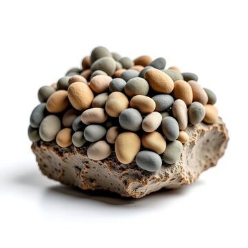 Conglomerate rock specimen with embedded rounded pebbles in natural matrix isolated on white background, sedimentary stone detail for geology and earth science