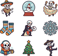 Fototapeta premium Icon set with festive skeleton characters and winter holiday elements, flat design graphic elements