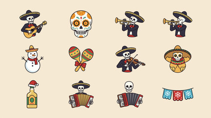 Obraz premium Icon set with mariachi skeletons, sugar skull, snowman, maracas, bottle, and festive garland