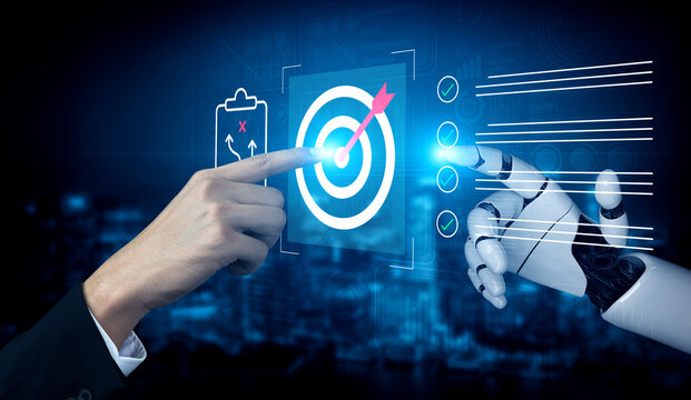A captivating illustration showcasing the intersection of human interaction and robotic technology in a digital targeting system, emphasizing innovation and precision in decision-making. Cyphers