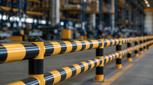 Black and yellow safety barriers in an industrial warehouse  