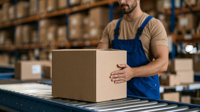 Warehouse worker holding cardboard box at packing station  