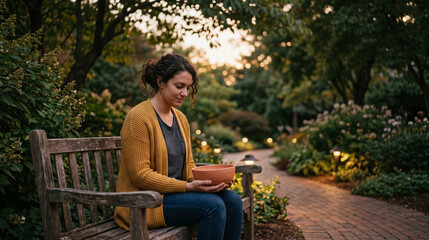 Obraz premium College Student Unwinds in Campus Garden With Handmade Clay Bowl
