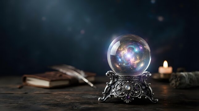 Crystal ball with glowing mystical light inside ornate metal stand on dark wooden surface with candles and tarot cards for fortune telling and divination