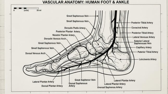 Anatomy diagram of human foot and ankle vasculature.