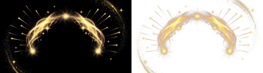 A glowing golden light arc with sparkling dust particles and radiating stars. High-quality digital overlay for festive designs, celebrations, magic themes, and elegant holiday graphics in PNG. © Tatyana
