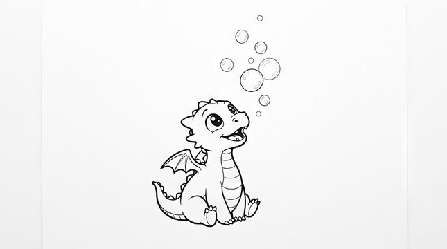 Cute baby dragon blowing bubbles coloring page outline.