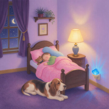 Sleeping child with teddy bear in bed and basset hound dog on the floor. Purple nursery with glowing blue cloud nightlight and starry window. Bedtime illustration