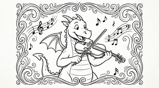 Dragon playing violin coloring page with musical notes.
