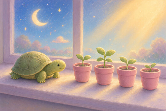 Cute green turtle looking at small potted seedlings on a windowsill. Quiet ritual of plant care under a magical sky with moon and sun rays. Spring growth illustration