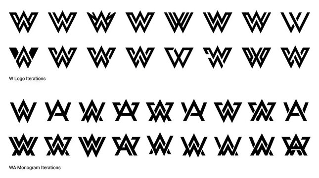Letter W and AA monogram logo design iterations sheet.