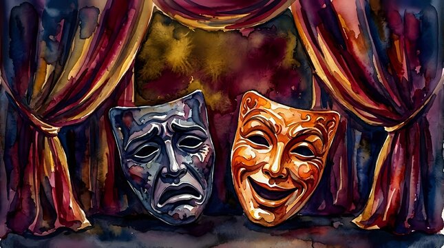 Watercolor comedy and tragedy theater masks framed by red stage curtains, suited for playbills, posters, drama event promotions and art prints