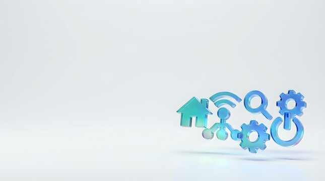 Turquoise and blue gradient house icon with wifi signal, gears, and network symbols on white background