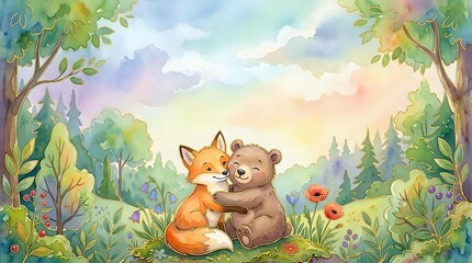 Fototapeta premium Cute fox and bear cub friends sitting together in enchanted forest clearing surrounded by lush green trees, wildflowers and soft pastel sky with clouds