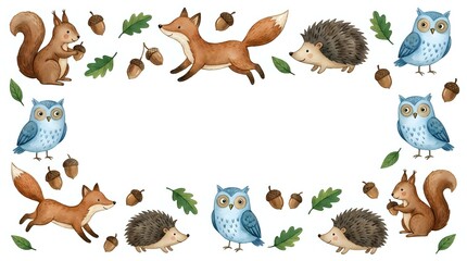 Obraz premium Charming forest animal frame with fox, owl, hedgehog, squirrel, acorns and leaves