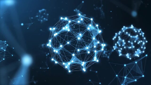 Abstract glowing spheres network motion with digital connections in deep blue background