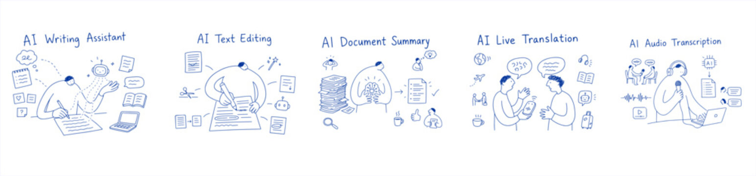 Hand-drawn design collection illustrates artificial intelligence tools for writing, text editing, document summaries, live translation, and audio transcription.