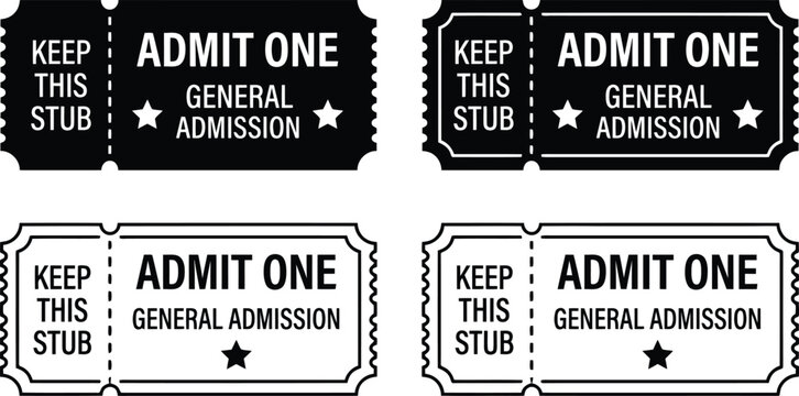 Black and white admit one general admission tickets with stub