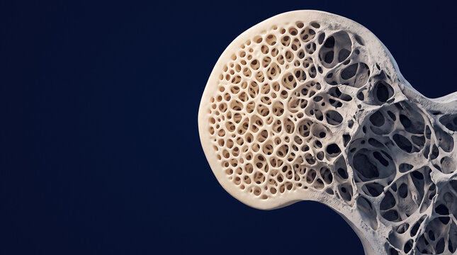Bone cross section showing osteoporosis and healthy density