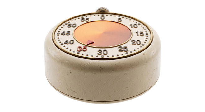 Vintage kitchen timer with a retro design and analog dial showing 35 minutes
