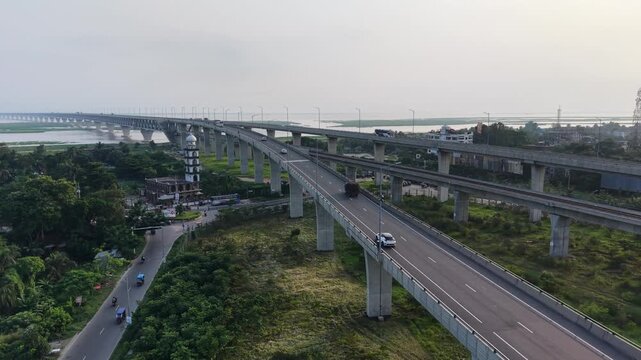 4K aerial drone footage of the Padma Multipurpose Bridge approach in Bangladesh