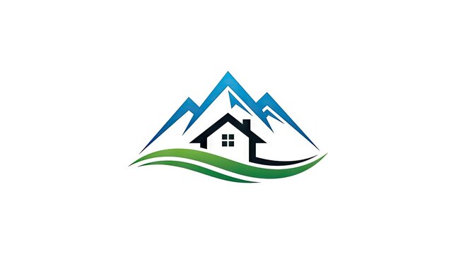 Blue mountain and house silhouette real estate logo.