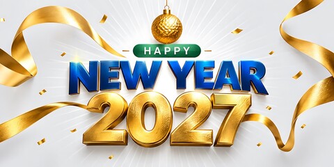 Naklejka premium Happy new year 2027 greeting card design with shiny gold 3d numbers and blue text decorated with festive golden ribbons and a christmas ball ornament for holiday celebration