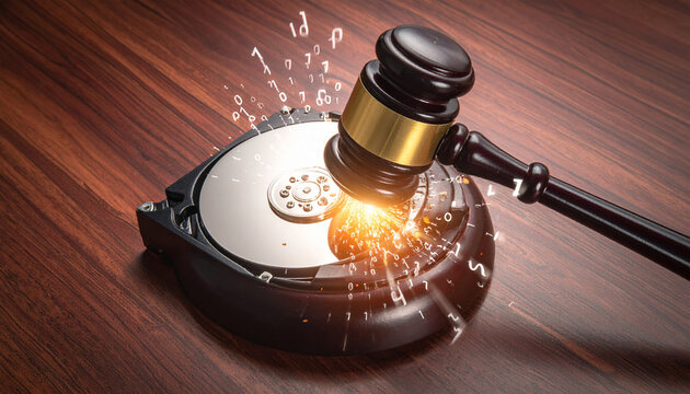 A wooden judge gavel strikes a hard drive, creating sparks and digital data numbers flying into the air. This powerful metaphor for cyber law, nobody, no people, conveys digital justice.