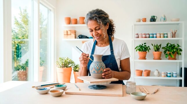 Small business owner at work. A ceramicist decorates a beautiful clay vase in her workshop.