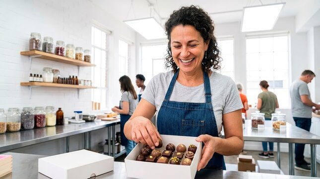 Small business owner at work. A smiling professional packs freshly made chocolate truffles.