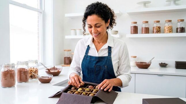 Small business owner at work. A chocolatier carefully packs artisanal truffles into a box.