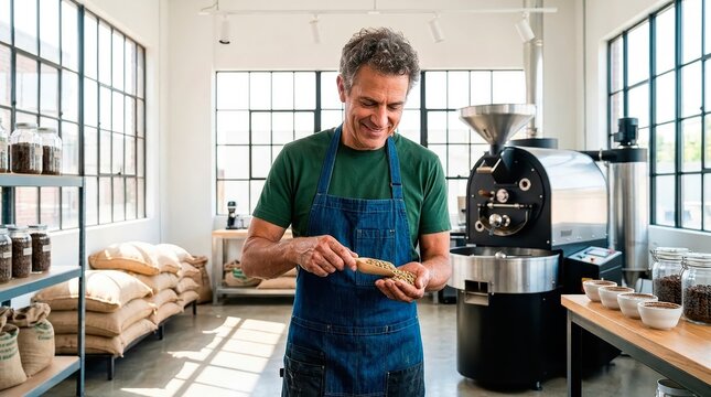 Small business owner at work. A male coffee roaster inspects freshly roasted coffee beans.
