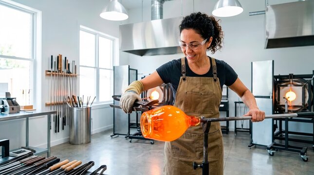 Small business owner at work. A female glassblower shapes glowing orange molten glass in a hot workshop.