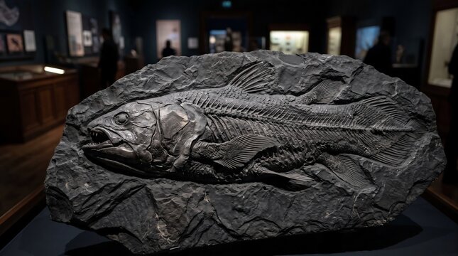 Coelacanth prehistoric fish fossil embedded in shale rock displayed in a museum