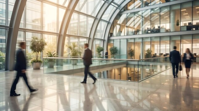 Blurred business professionals walking through modern atrium glass building with motion blur office life corporate center