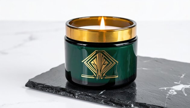 Elegant green glass scented candle in a gold-rimmed jar on slate, glowing softly with a warm flame for luxury home decor and relaxation