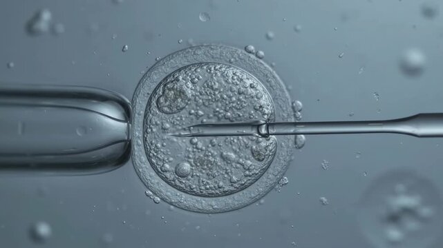 Microscopic view of an in vitro fertilization procedure injecting a sperm into an egg cell.