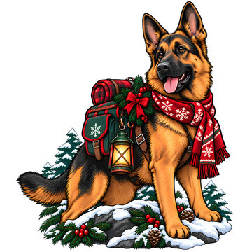 Cute german shepherd dog wearing festive holiday scarf with pine branches