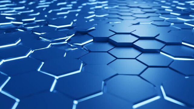 Blue hexagonal grid pattern with glowing lines moving in cinematic motion with depth of field