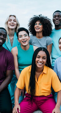 Diverse group of smiling people in vibrant clothing, symbolizing unity, joy, and positive social connection, representing inclusion and togetherness.