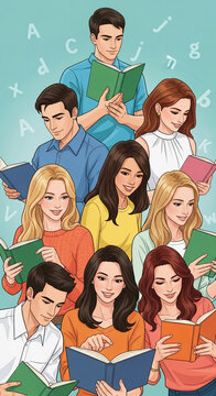 A group of diverse people reading books, symbolizing education, knowledge, and community, with alphabet letters scattered as a background element.