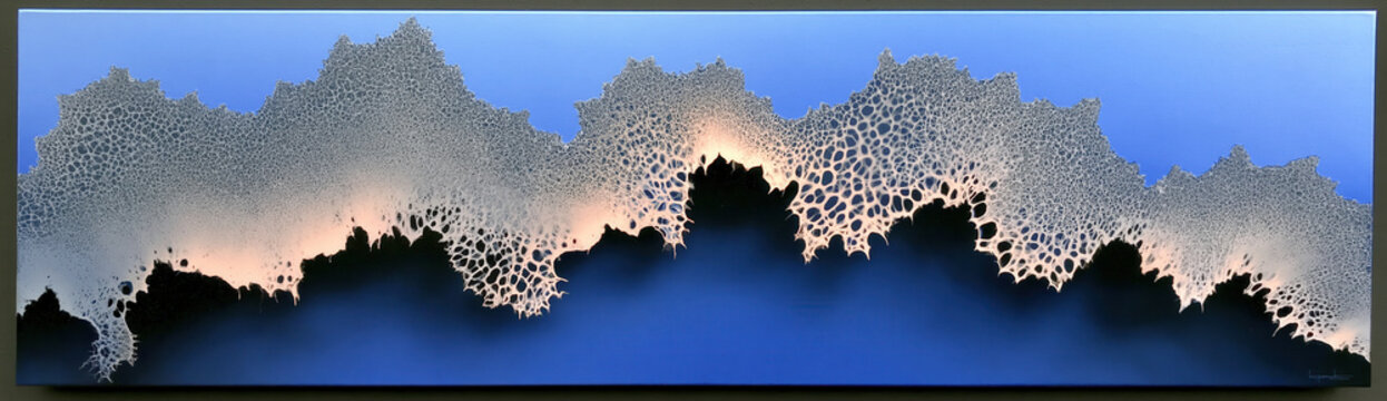 Ethereal Cellular Wave Horizon, a panoramic blue canvas features a dark, jagged silhouette outlined by an intricate, glowing lace-like web of delicate white organic cellular structures