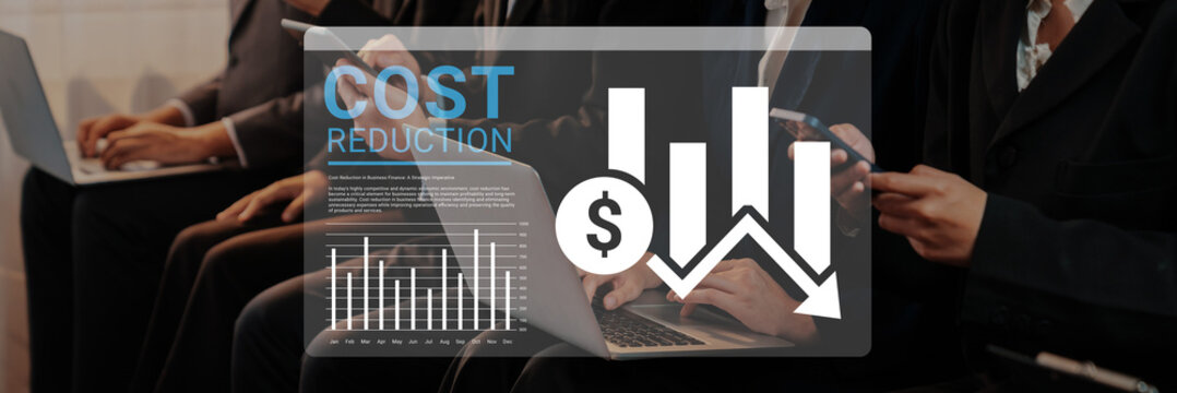 A diverse group of business professionals engaged in a meeting discussing cost reduction strategies with financial graphs and dollar symbols representing economic insights. Ledger