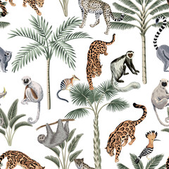 Fototapeta premium Tropical monkey, lemur, cat, sloth, leopard animal, bird, green palm trees floral seamless pattern. Exotic jungle wallpaper.